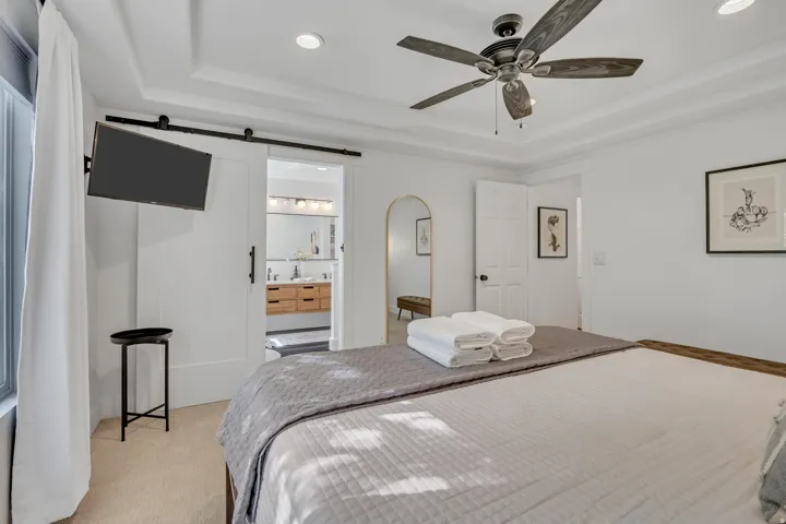 Bedroom featuring a barn door, light carpet, a raised ceiling, connected bathroom, and ceiling fan