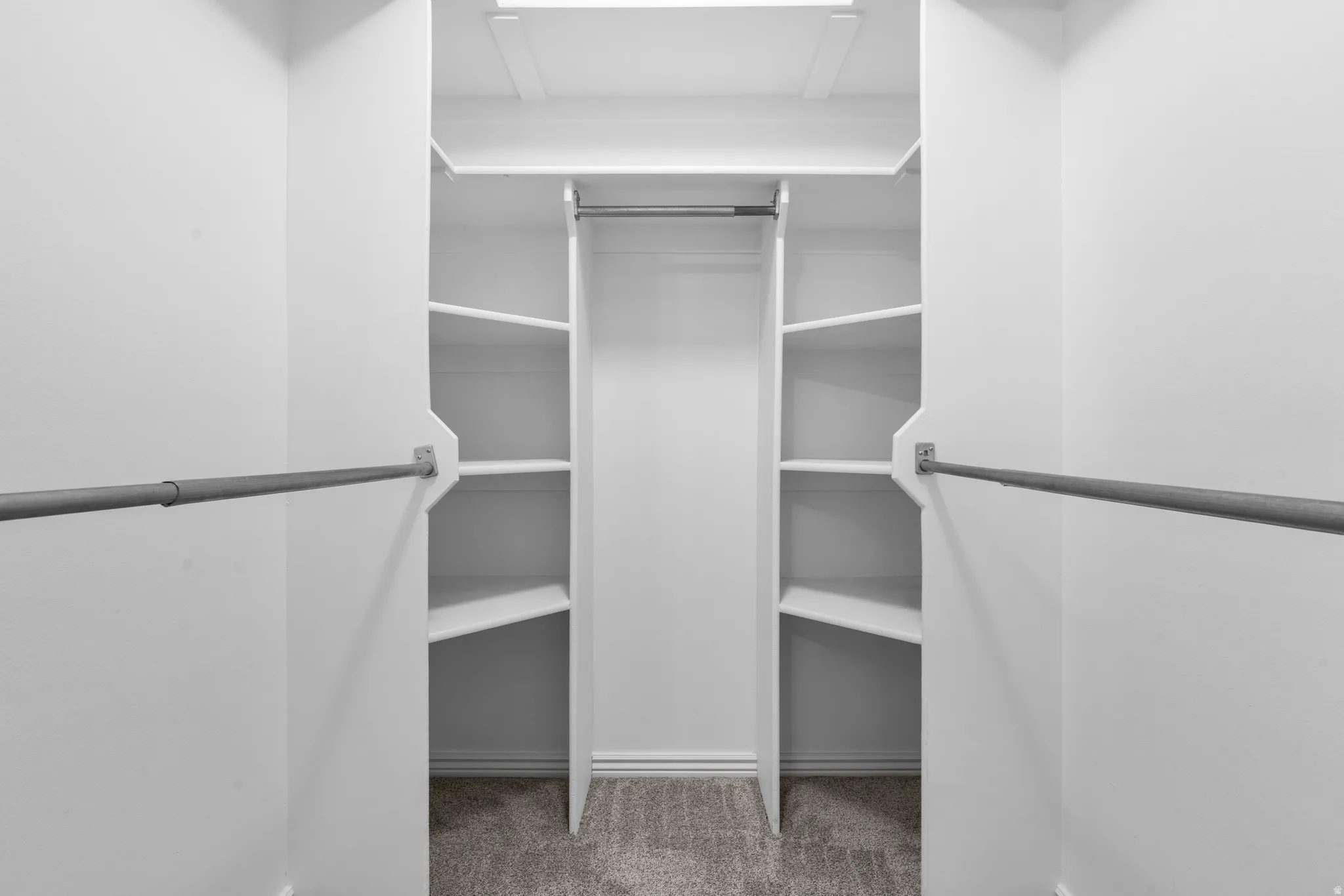 Walk in closet with light colored carpet