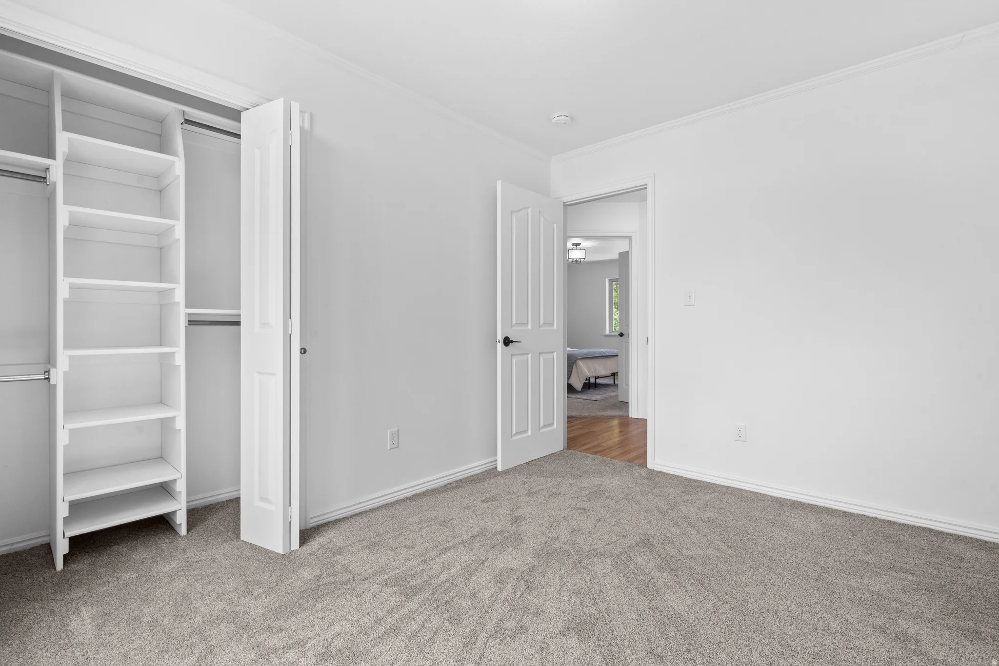 Unfurnished bedroom with crown molding, light carpet, and a closet