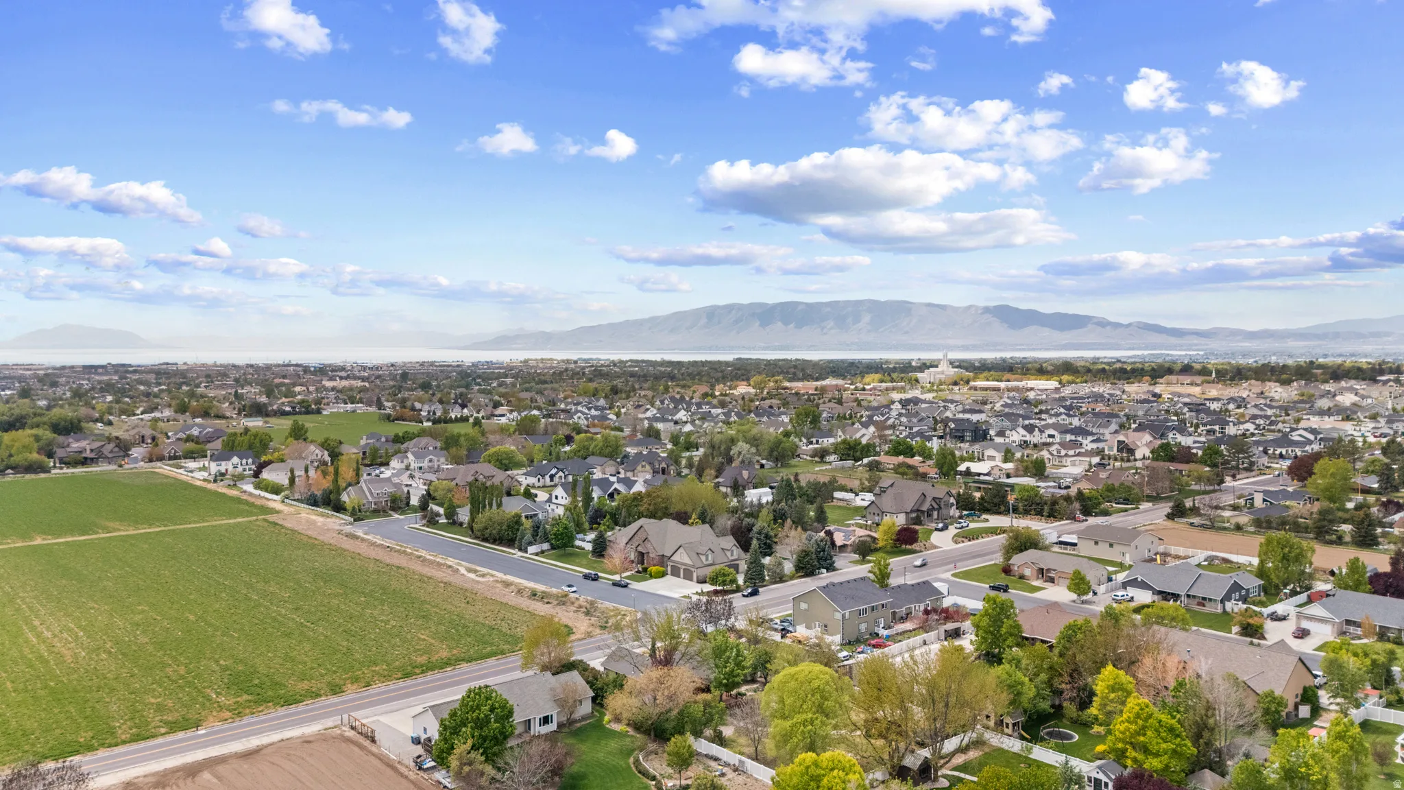 Aerial view of residential area with a mountain backdrop