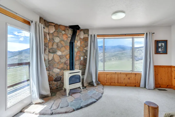 Unfurnished living room with a mountain view, wooden walls, a wood stove, a wainscoted wall, and carpet