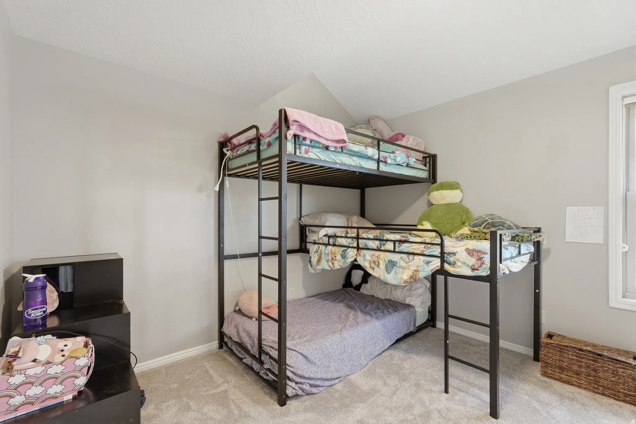Bedroom featuring light carpet, Loft space above, vaulted ceiling, and a closet