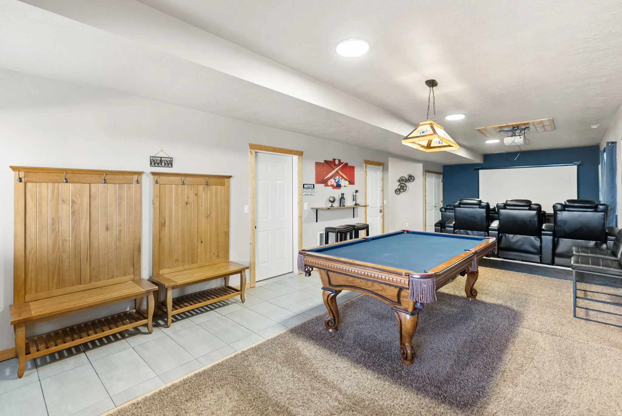 Playroom with billiards, light tile patterned flooring, and recessed lighting