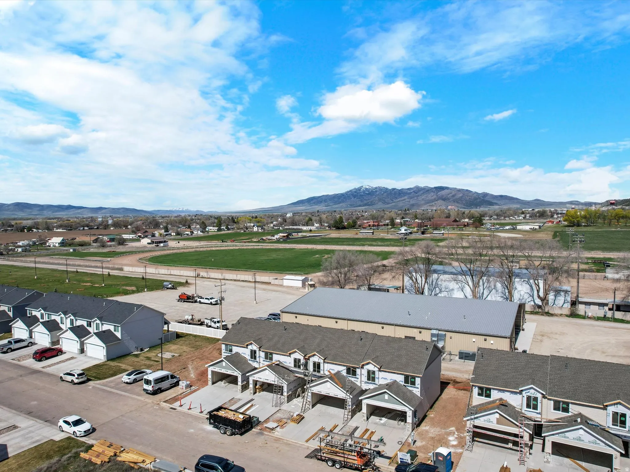Aerial view of residential area with mountains
