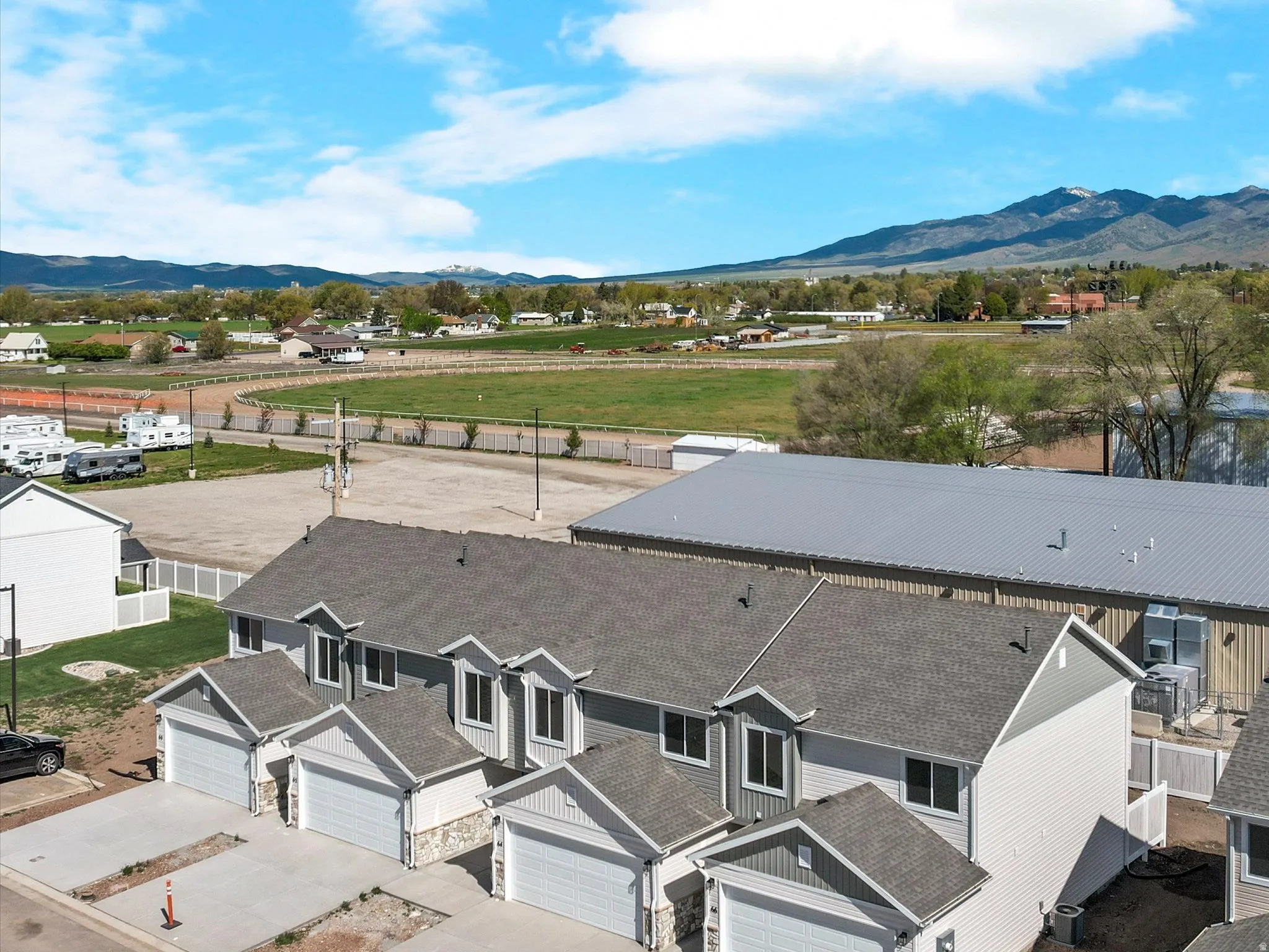 Aerial view of residential area with mountains
