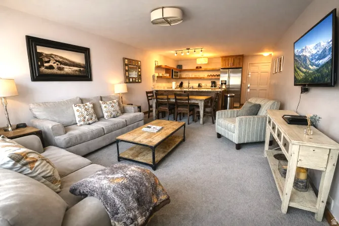 Living room with dark colored carpet and rail lighting