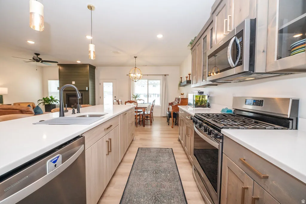 Kitchen with stainless steel appliances, a ceiling fan, light wood-type flooring, open floor plan, and glass fronted cabinets
