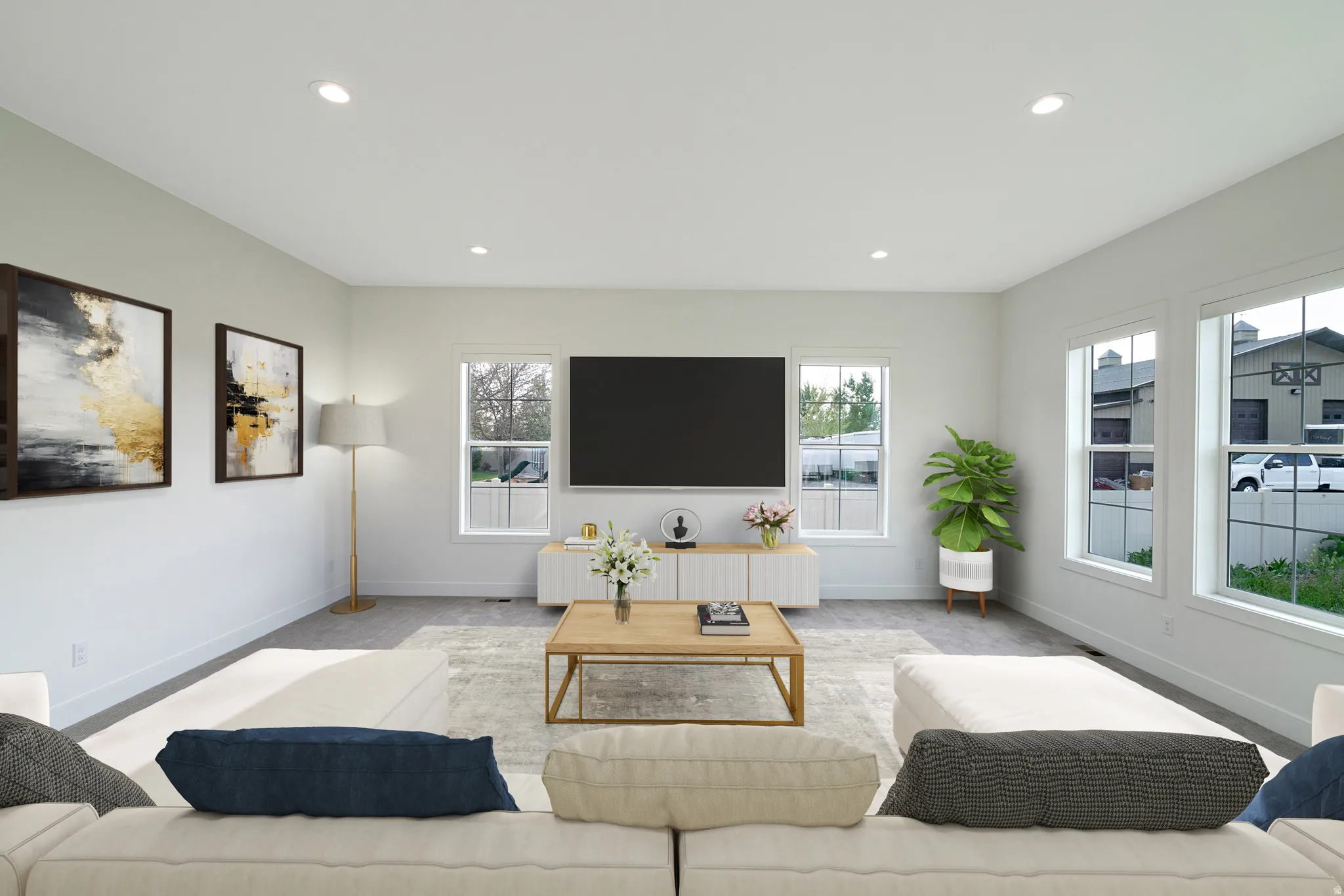 Living area with plenty of natural light and recessed lighting