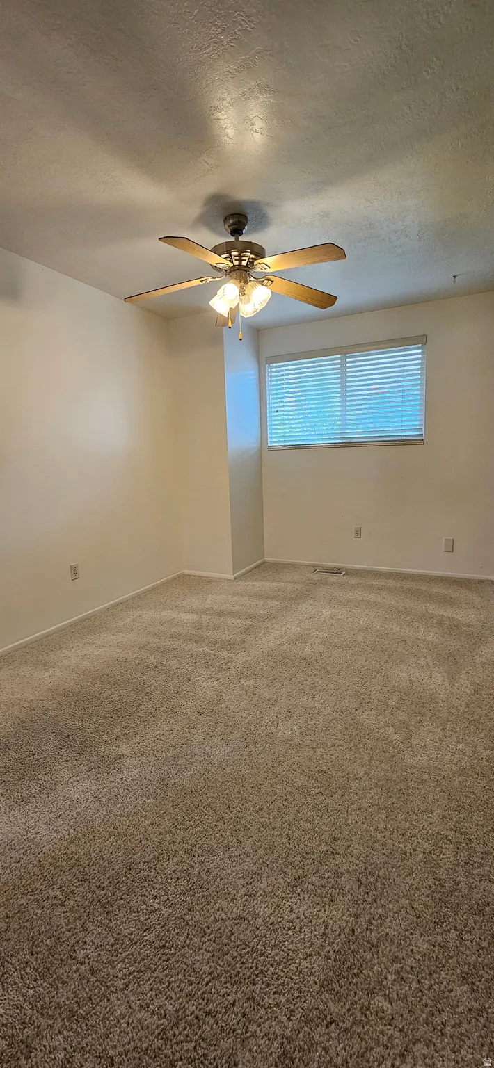 Empty room featuring carpet flooring, a textured ceiling, and a ceiling fan