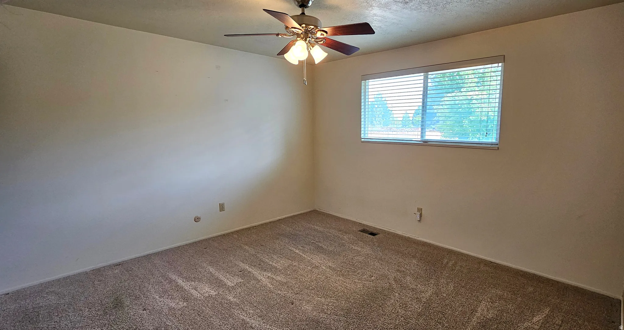 Spare room with carpet floors, ceiling fan, and a textured ceiling
