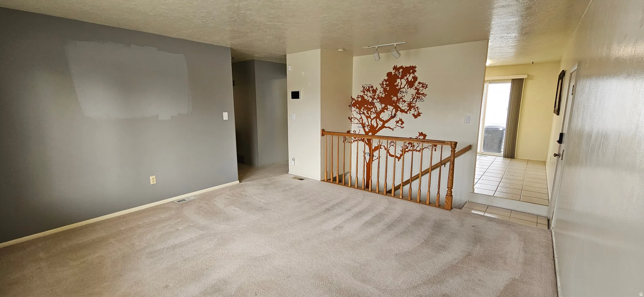 Spare room featuring rail lighting, a textured ceiling, and light colored carpet