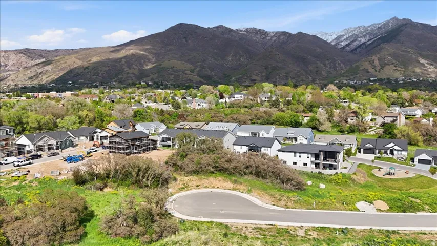 Aerial perspective of suburban area with a mountain backdrop