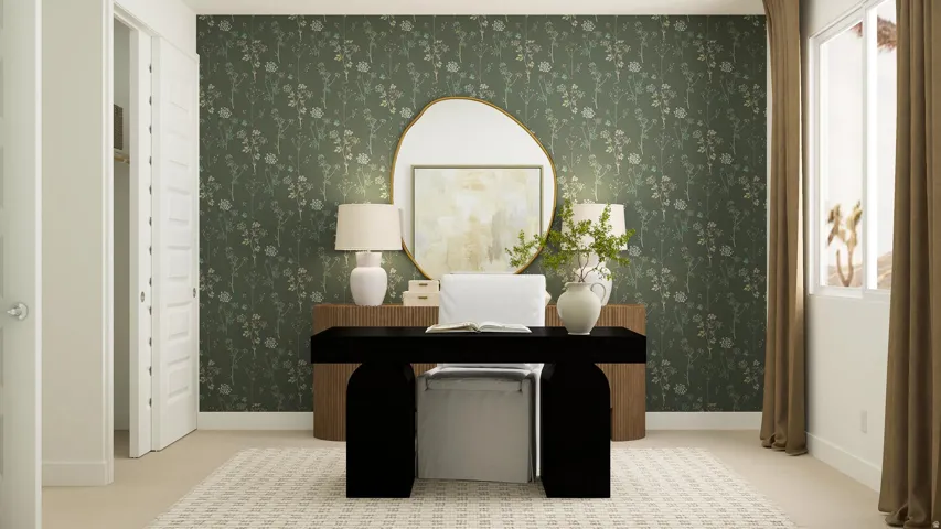 Office area with baseboards and light carpet