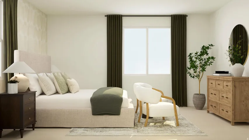 Bedroom with light carpet