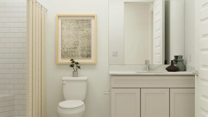 Bathroom featuring vanity and shower / bath combination with curtain