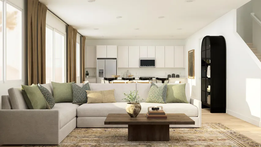 Living room with light wood-style floors and recessed lighting