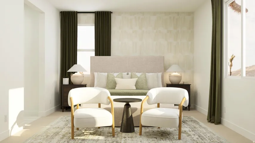 Living area with light colored carpet and an accent wall