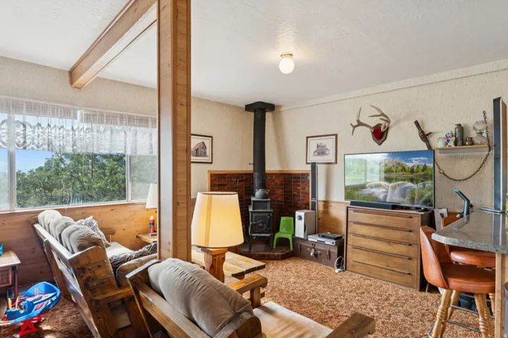 Carpeted living room featuring a textured ceiling, beamed ceiling, and a wood stove