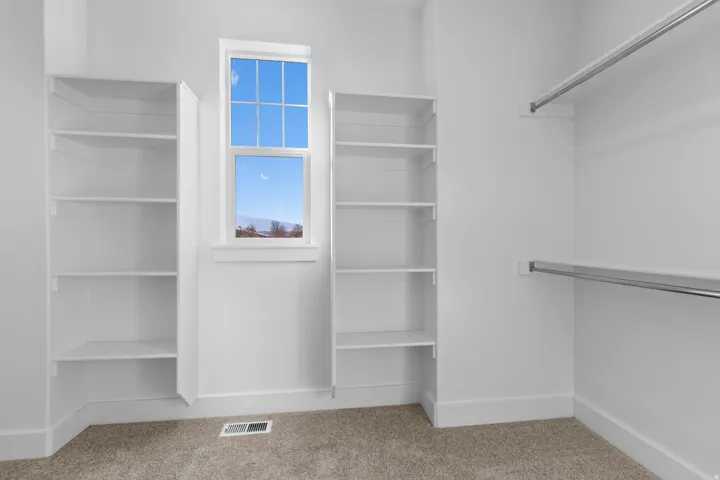 Walk in closet with light carpet