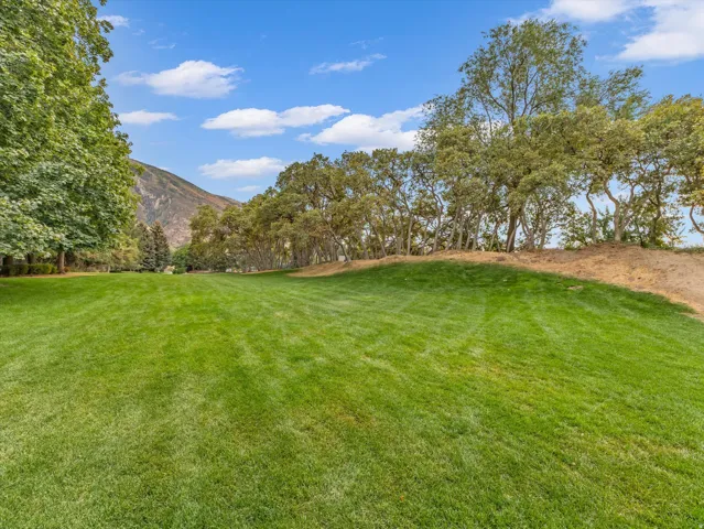 Expansive green lawn with mature trees and a prominent mountain backdrop