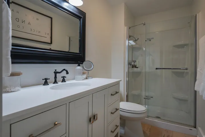 Full bathroom with vanity, a stall shower, and light wood-style flooring