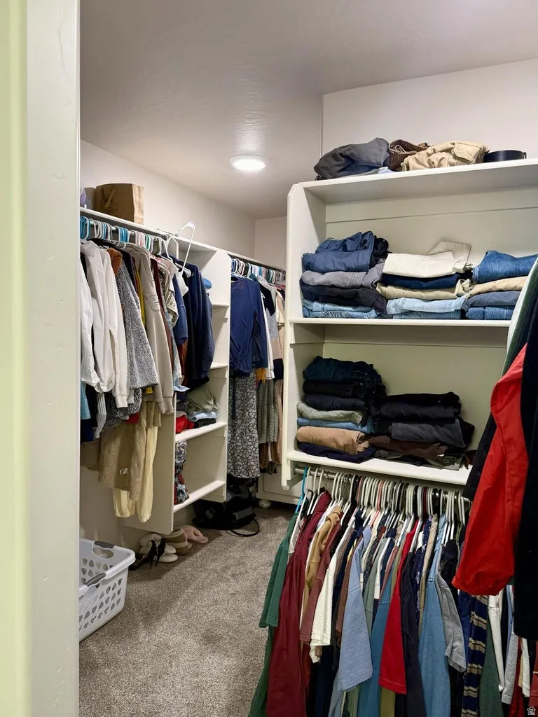 Walk in closet with dark colored carpet