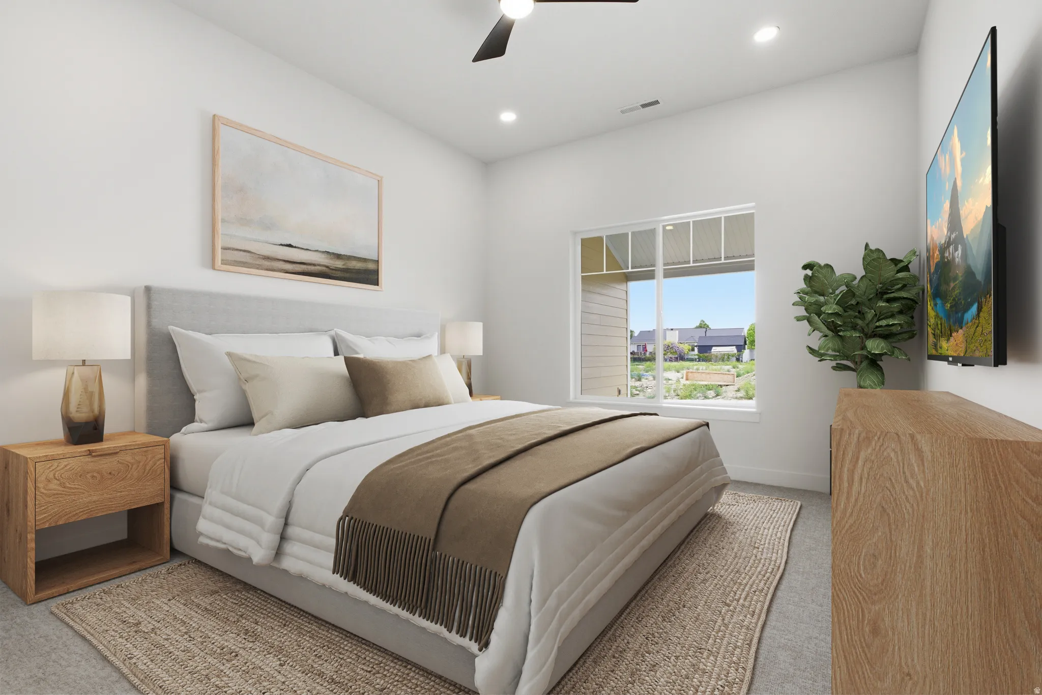 Bedroom featuring ceiling fan, light carpet, and recessed lighting