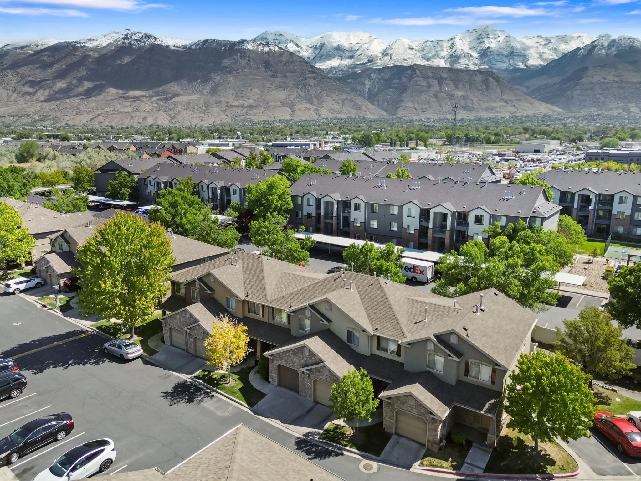Aerial perspective of suburban area with mountains