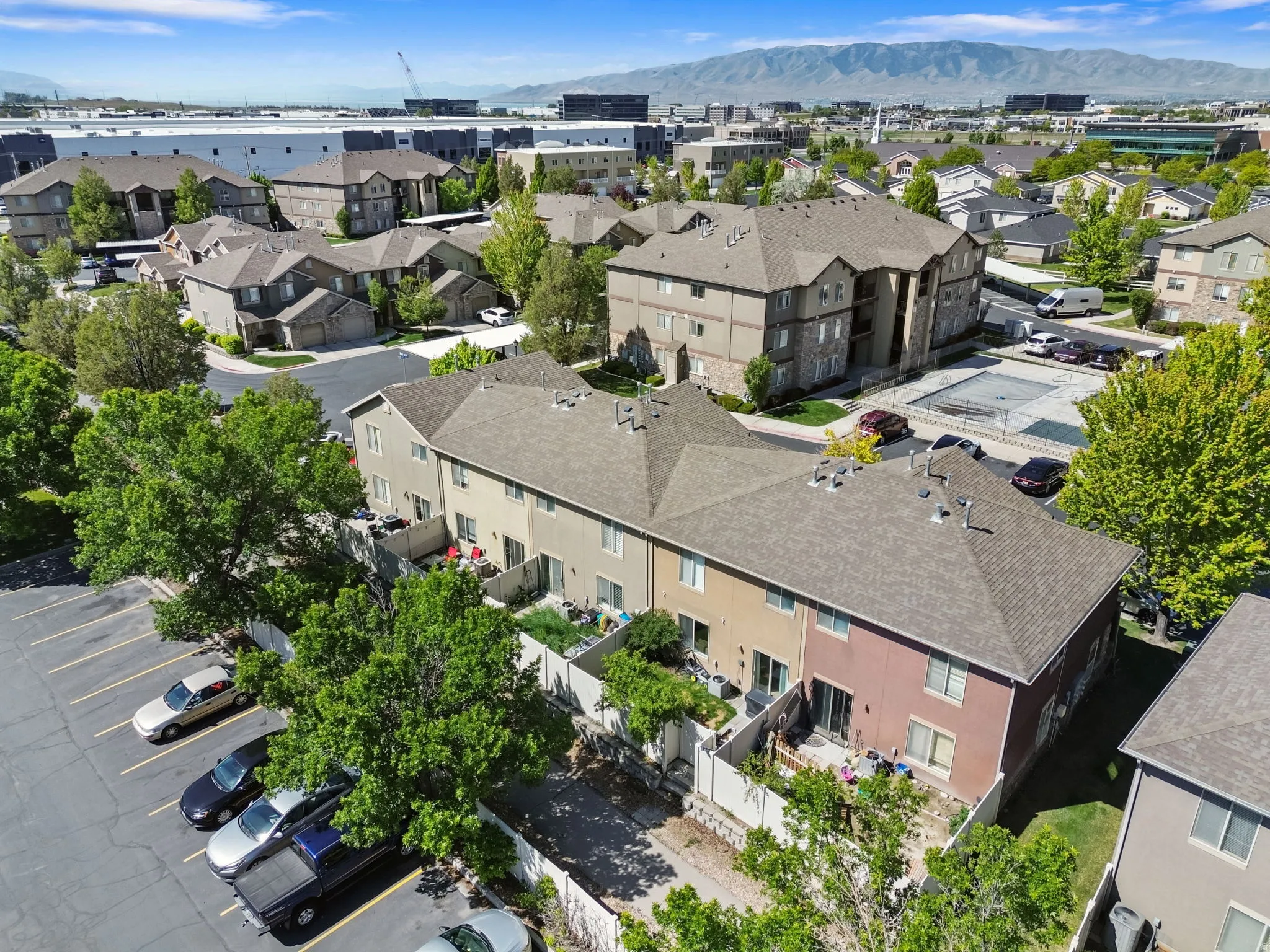 Aerial view of residential area with mountains
