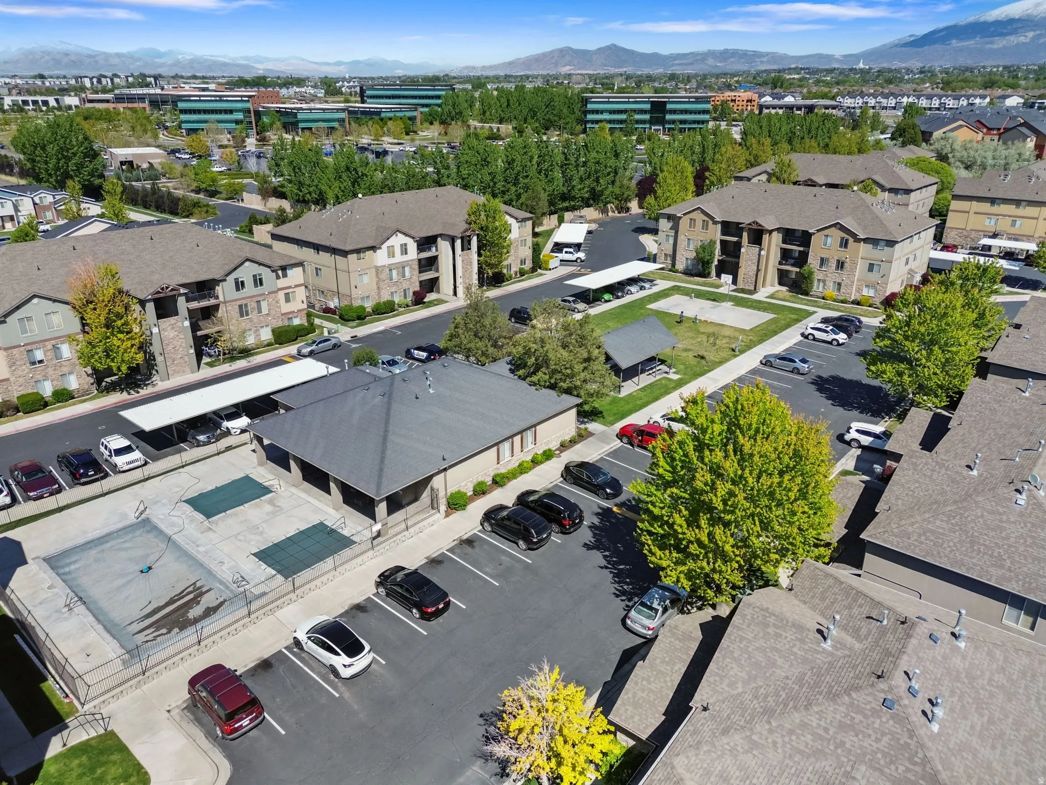 Aerial perspective of suburban area featuring mountains