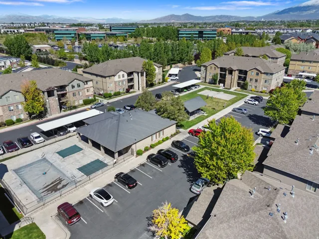 Aerial perspective of suburban area featuring mountains