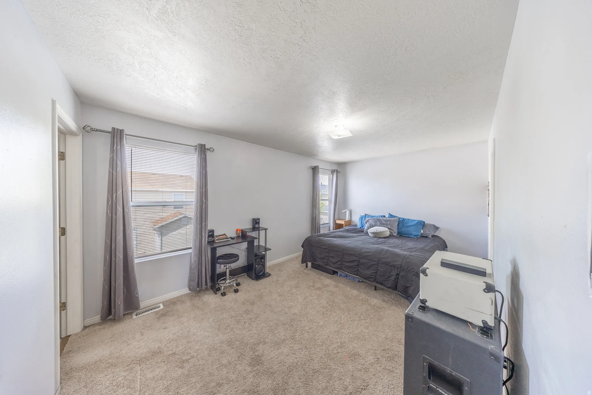 Bedroom featuring multiple windows, light colored carpet, and a textured ceiling