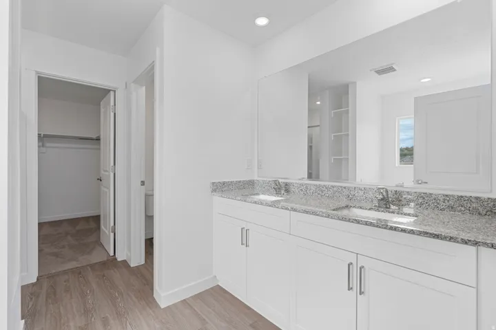 Bathroom featuring double vanity, a spacious closet, light wood-style flooring, and recessed lighting