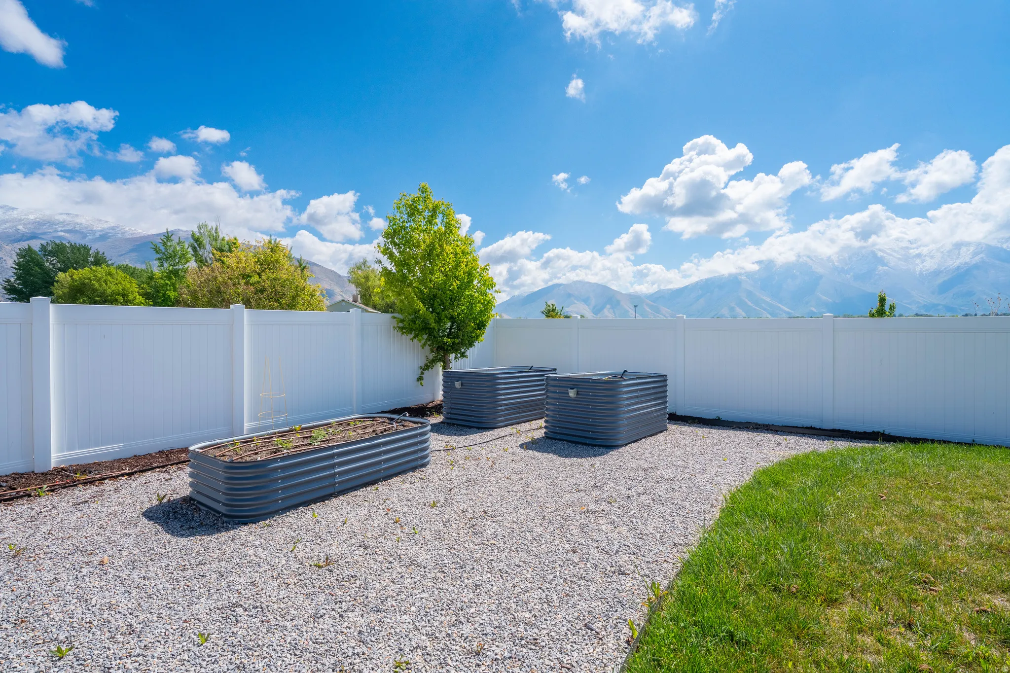 Fenced backyard featuring a mountain view and a vegetable garden