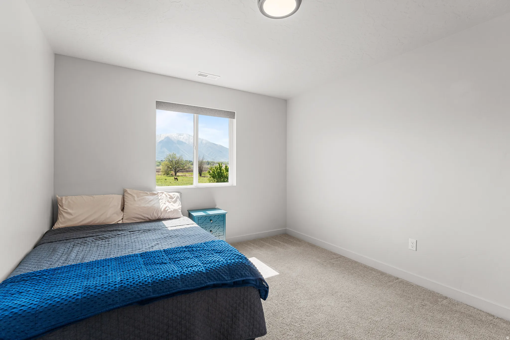 Bedroom with a mountain view and light carpet