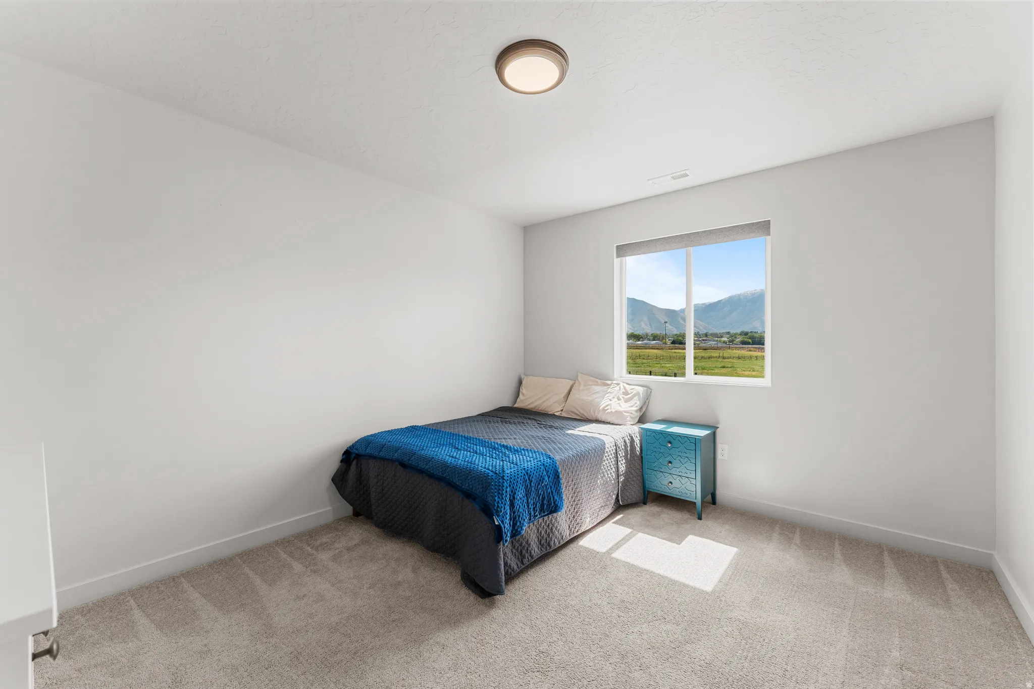 Bedroom featuring a mountain view and light colored carpet