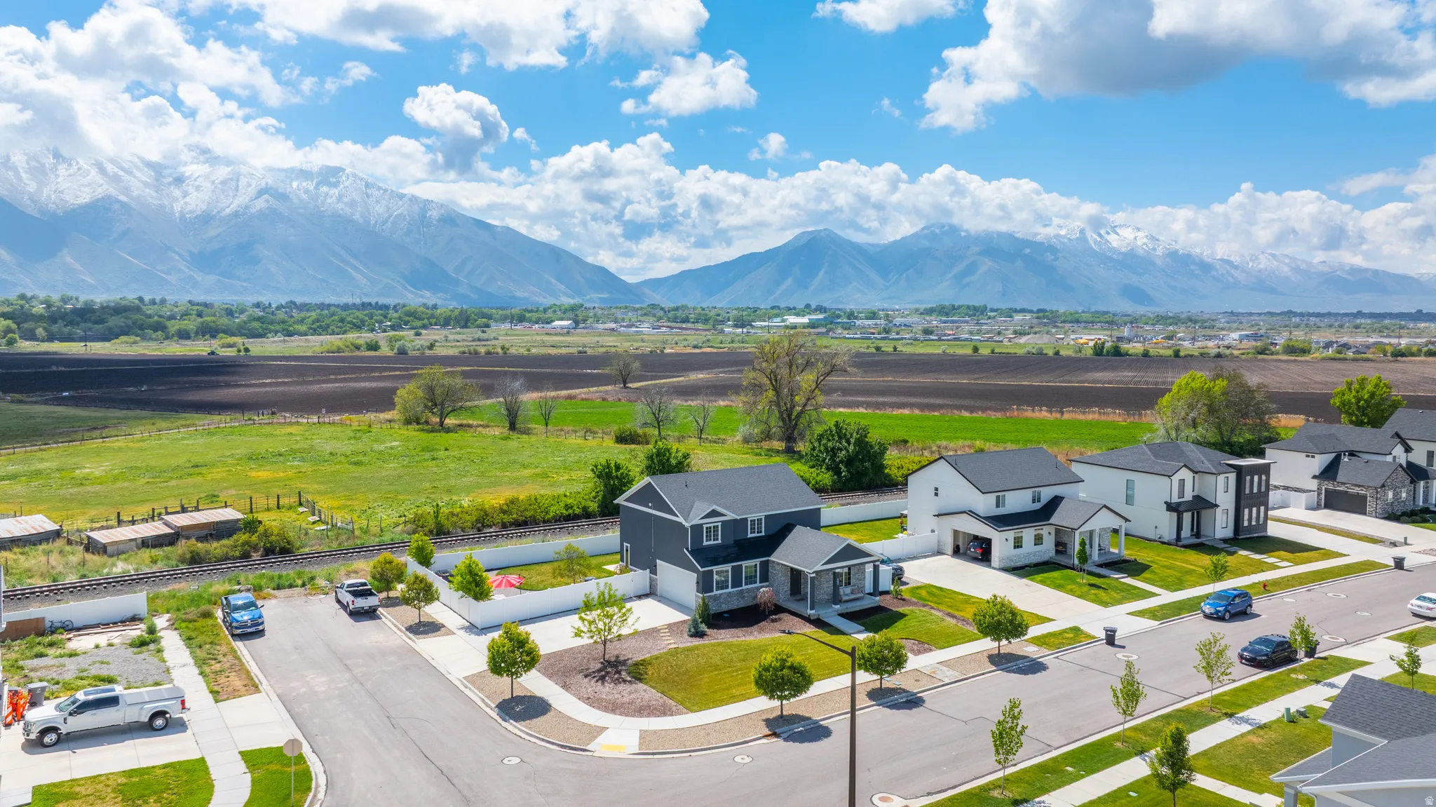 Aerial perspective of suburban area featuring mountains