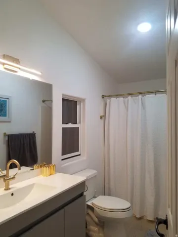 Bathroom featuring vanity, a shower with curtain, vaulted ceiling, and light wood-style floors