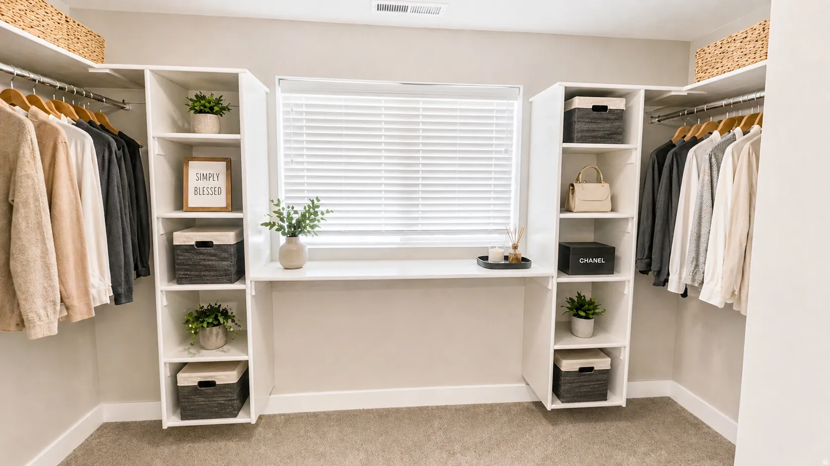 Virtually Staged Walk in closet with light carpet