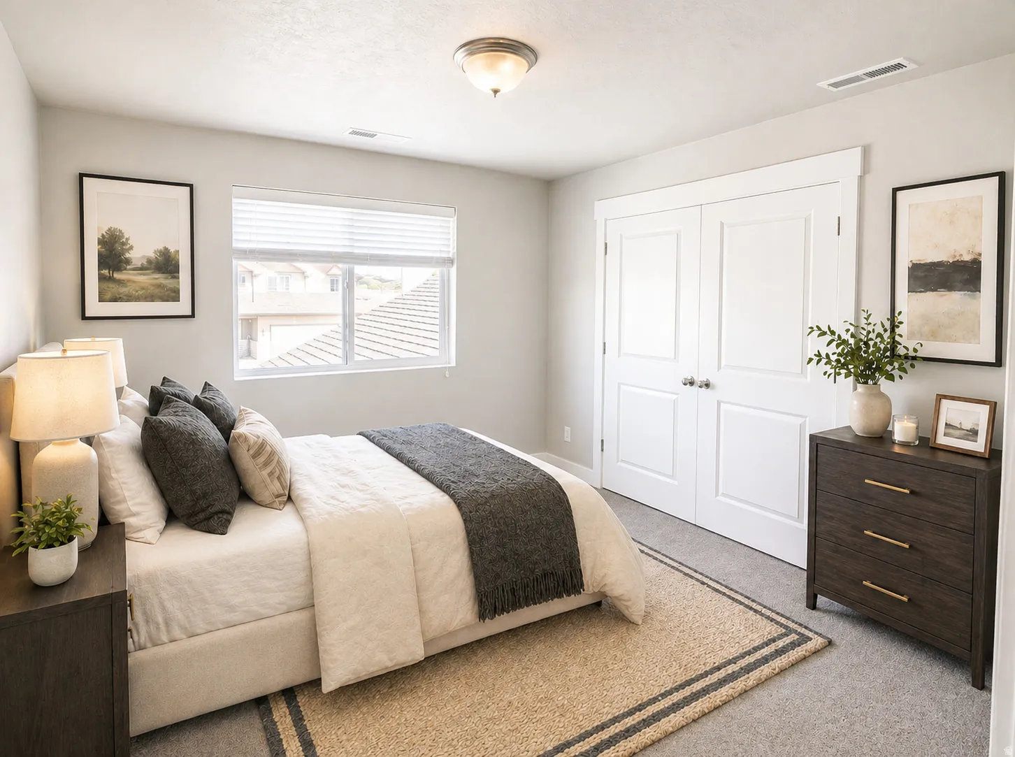 Virtually Staged Bedroom with light carpet and a closet