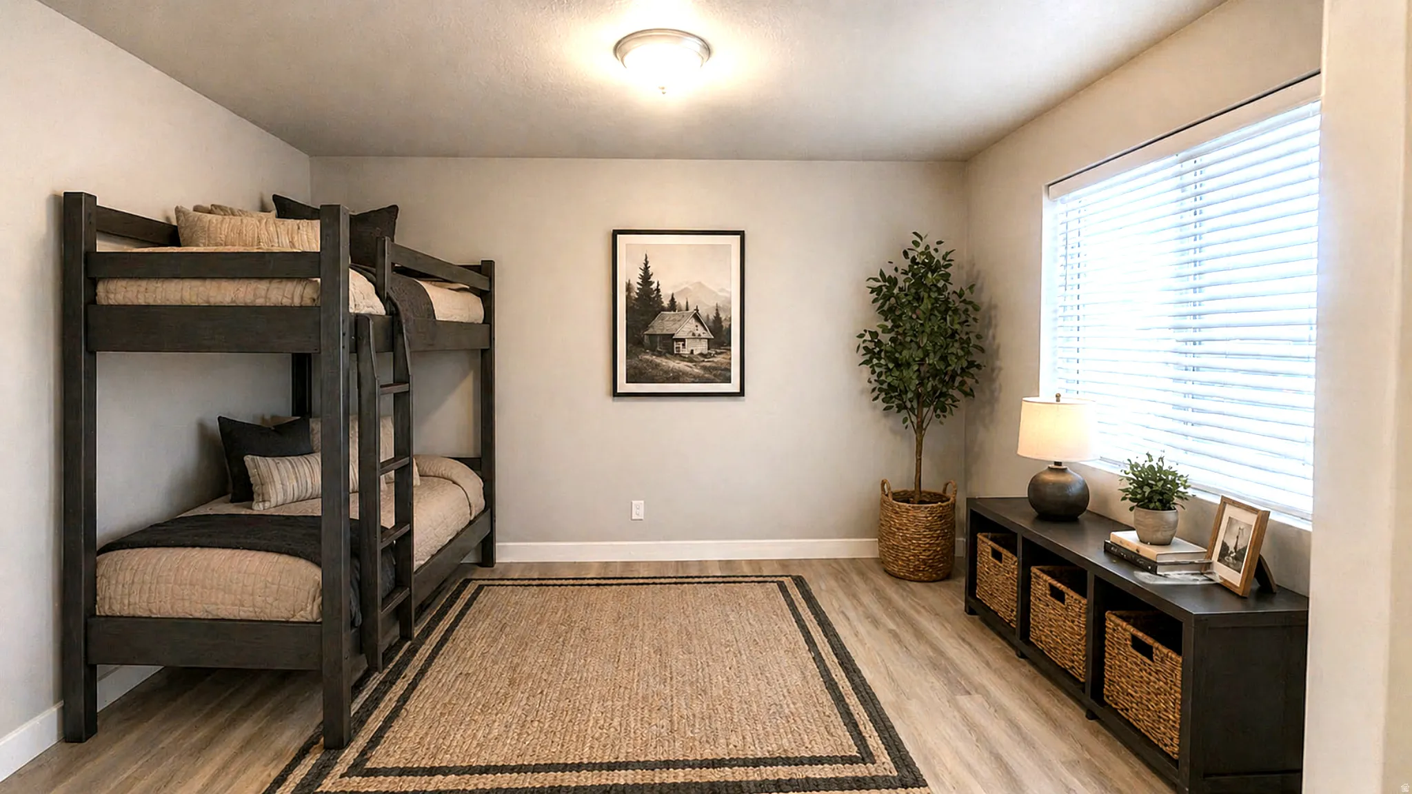 Virtually Staged Bedroom with baseboards and light wood-style flooring