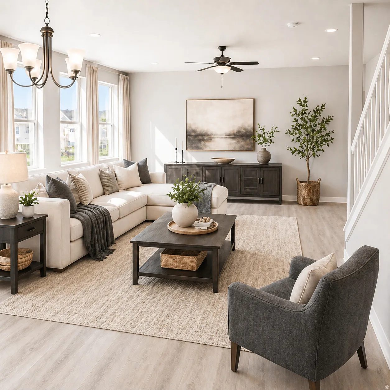 Virtually Staged Living area with light wood-style floors, a chandelier, and ceiling fan