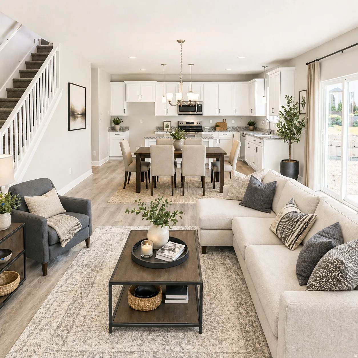 Virtually Staged Living room featuring light wood-style flooring and suspended lighting
