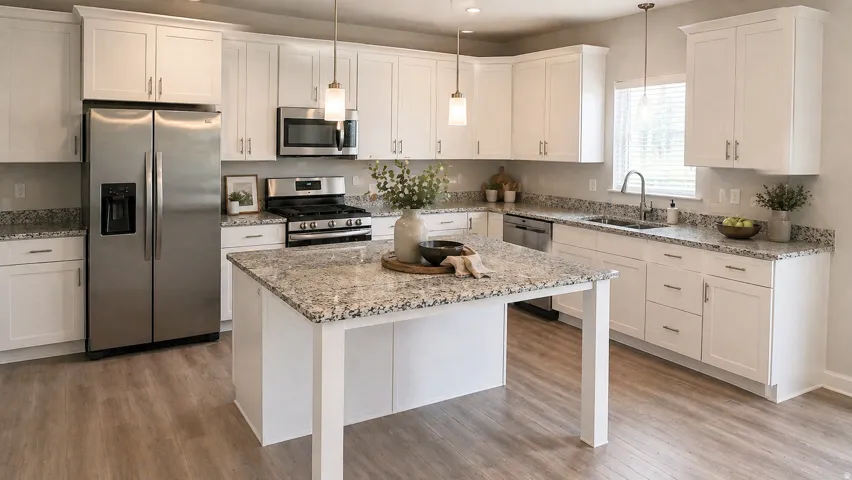Virtually Staged Kitchen with stainless steel appliances, white cabinetry, and light stone countertops