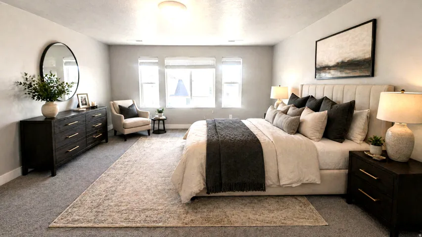 Virtually Staged Bedroom featuring carpet floors and a textured ceiling