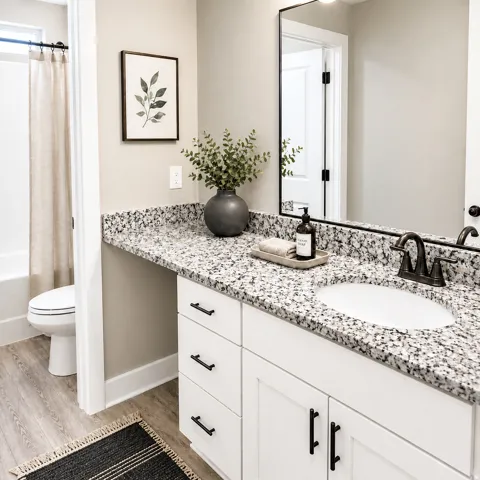 Full bathroom with light wood-style floors, vanity, and shower / bath combo with shower curtain