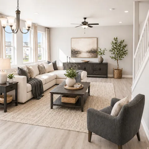 Virtually Staged Living area with light wood-style floors, a chandelier, and ceiling fan