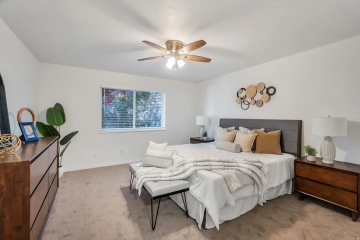Primary suite featuring light carpet and a ceiling fan