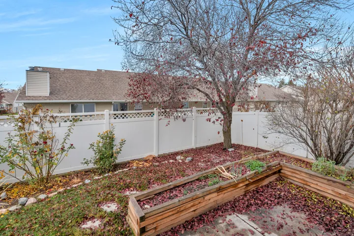 Fenced backyard with a garden
