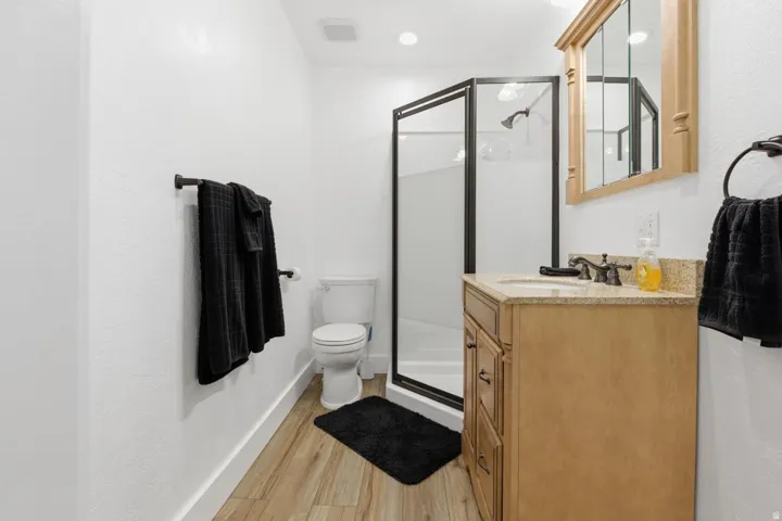 Full bathroom with a stall shower, vanity, and light wood-style flooring
